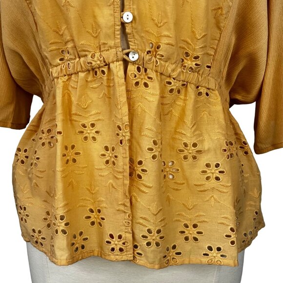 Versona Embroidered Button Front Top Womens Medium Yellow - Picture 4 of 7